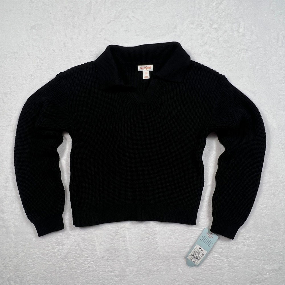 Cat & Jack Girls Collared Sweater M 8 Black Knit Polo Pullover School Photo